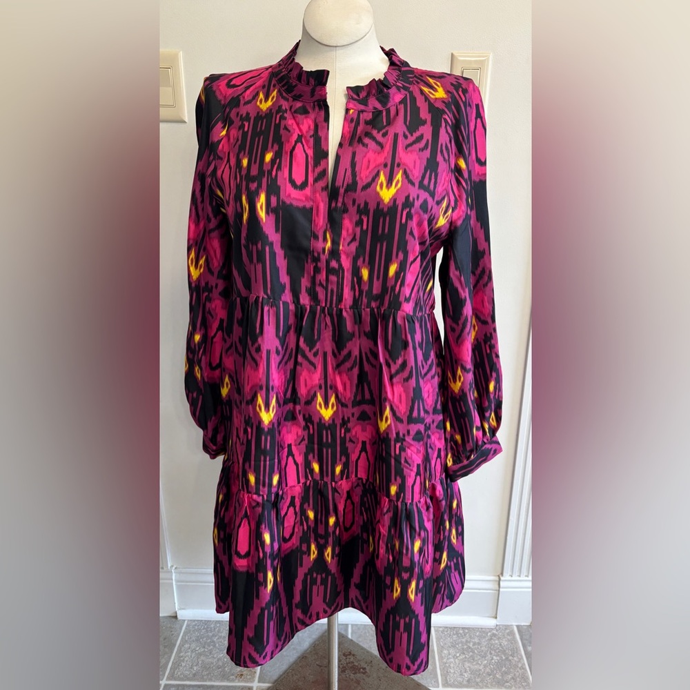 MARIE OLIVER TIERED SILK PINK, BLACK & YELLOW LONG SLEEVE DRESS LARGE